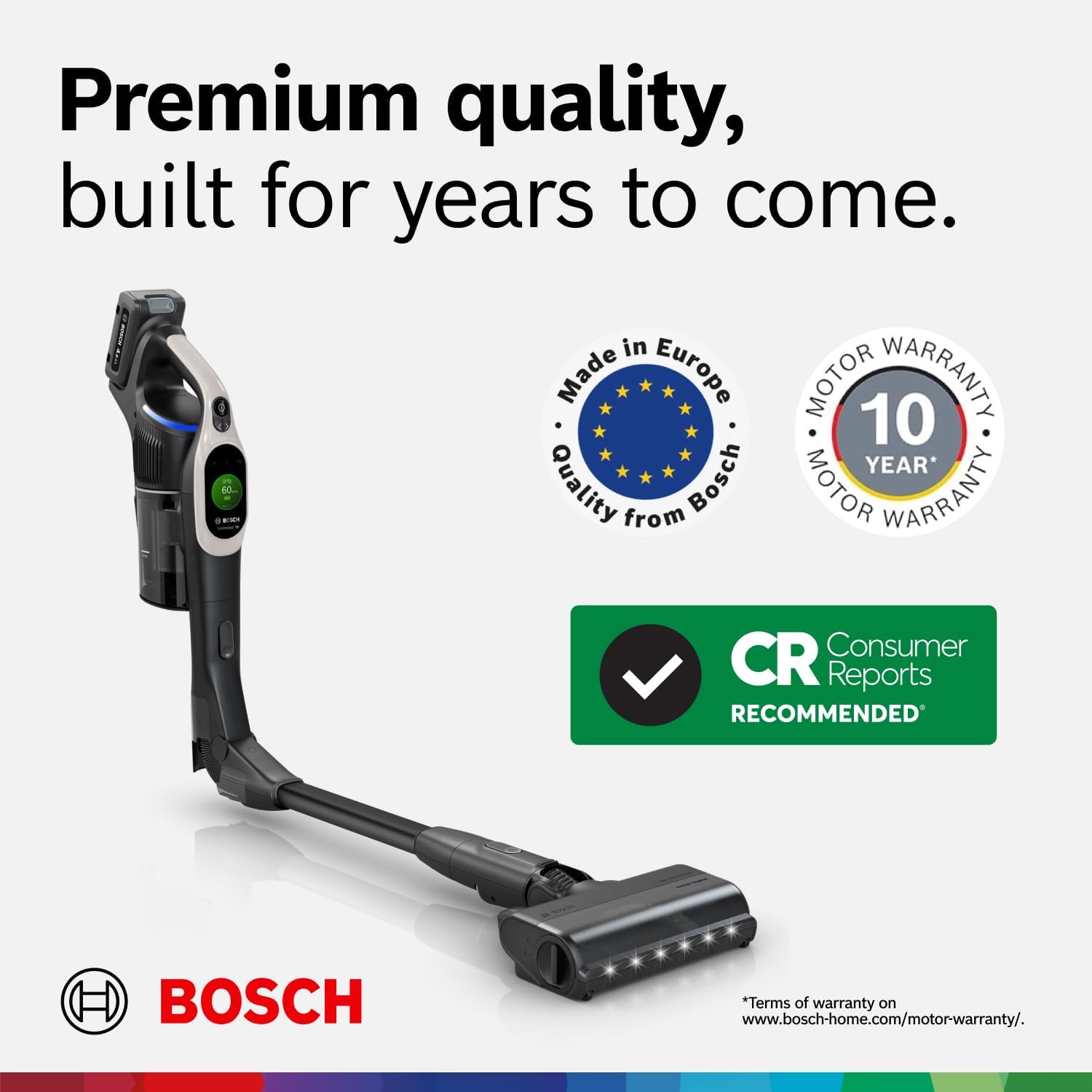 Bosch Unlimited 10 Cordless Stick Vacuum Cleaner - 2 Batteries Included, Up to 140 Min Total, Bendable Tube, Fast Charger, Pet Hair, Hard Floors and Carpets, 7 Accessories, Dark Cream