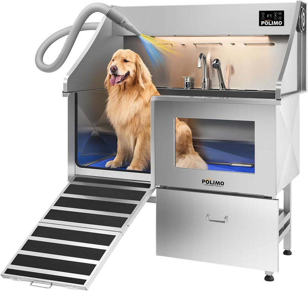 POLIMO Dog Washing Station with Built-in Pet Dryer and LED Display 50' (Left Ramp), 304 Stainless Steel Dog Bathtub for Large Medium Small Dogs, Wash and Dry Grooming Tub with Faucet, Storage Drawer
