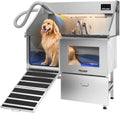 POLIMO Dog Washing Station with Built-in Pet Dryer and LED Display 50' (Left Ramp), 304 Stainless Steel Dog Bathtub for Large Medium Small Dogs, Wash and Dry Grooming Tub with Faucet, Storage Drawer