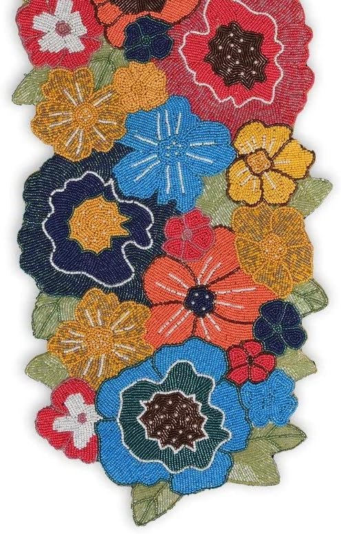 HM Creations Multicolor Floral Table Runner, Handmade Table Runner, Beaded Table Topper 13X36 Inch Dinning Decoration. (Set of 1 Table Runner and 6 Place Mats)