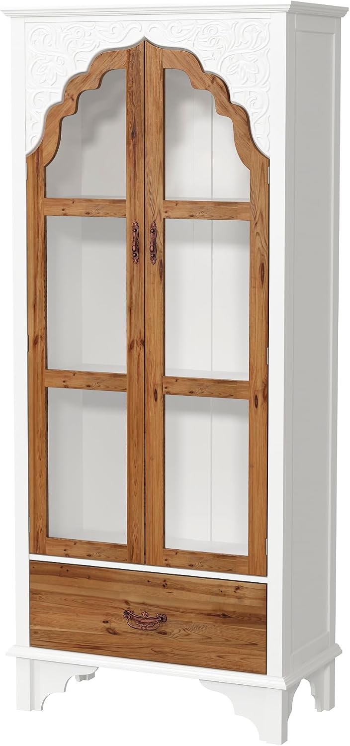 Carved Storage Cabinet with 2 Glass Doors & Drawer, Pooja Mandir with 3-Tier Shelves, Decorative Cabinet Display Cabinets for Living Room White and Walnut (31.5'W x 15.7'D x 70.9'H)
