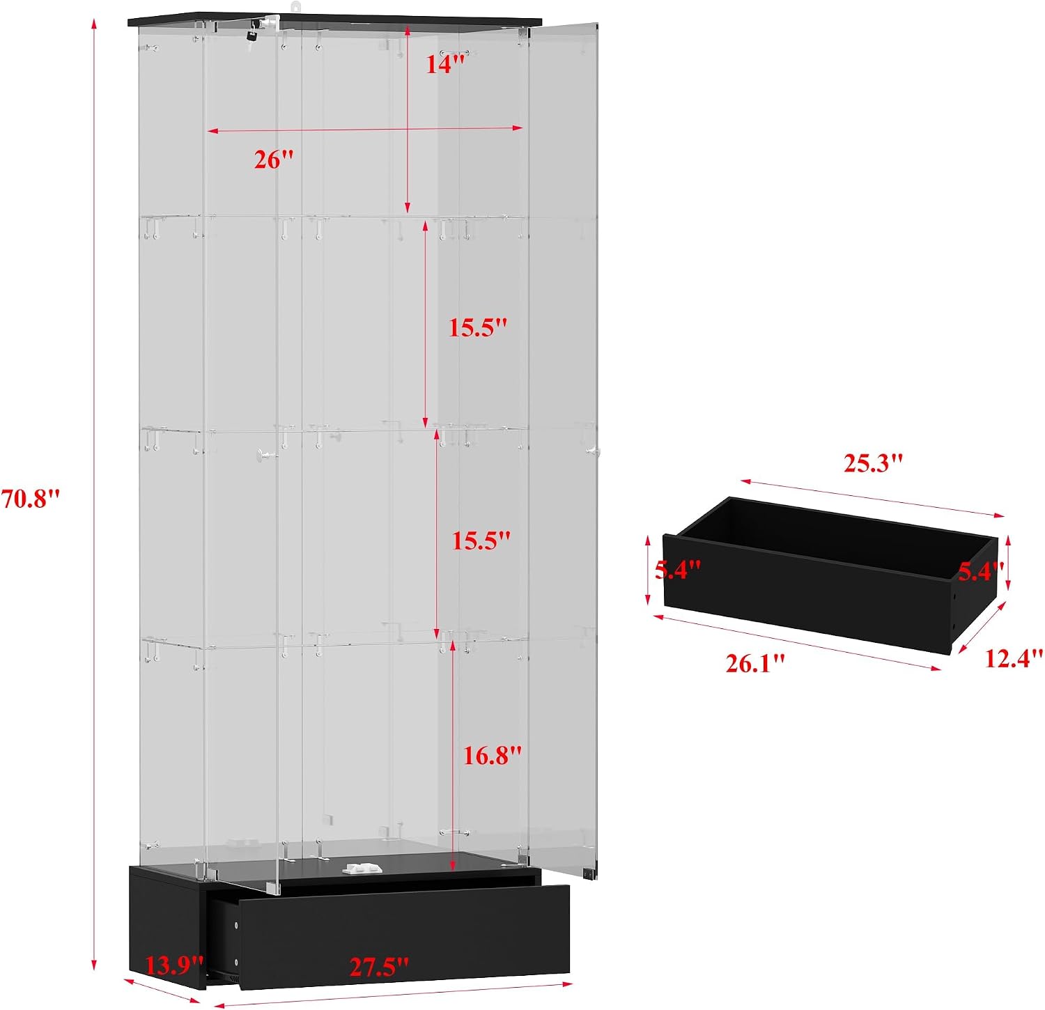 WOODTIME 4-Tier Glass Display Cabinet with Lockable Doors and Drawer, Modern Curio Cabinets Bookshelf with Glass Shelves for Living Room Home Office, Black