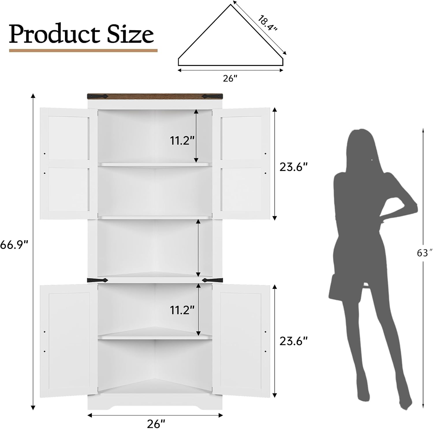 GarveeHome 67 in Tall Corner Storage Cabinet with Lights, Farmhouse Corner Hutch Display Cabinet with Glass Doors, Wooden Storage Organizer for Kitchen, Living Room, Bathroom, White