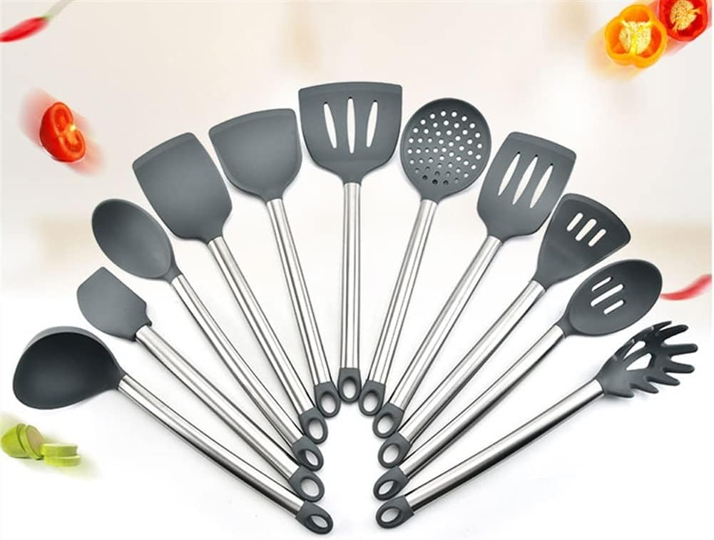 Silicone Kitchen Cooking Utensil Set, 11 Pieces Stainless Steel Silicone Kitchen Utensils Set, BPA Free Non-Toxic Silicone Cooking Utensils (Gray)