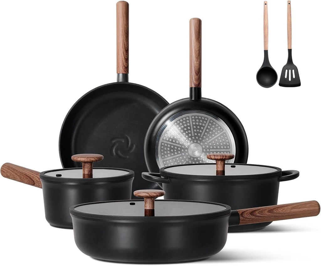 JEETEE Ceramic Cookware Set, 15 PCS Pots and Pans Set Non Stick with Removable Handles, Non Toxic Induction Kitchen Cookware Sets, Oven Safe PFAS/PFOA Free Black