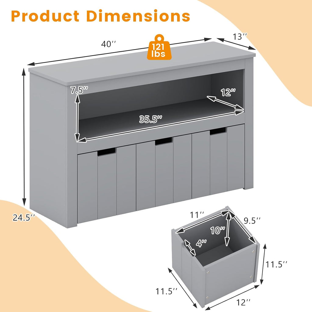 HONEY JOY Kids Toy Storage Organizer, Children Daycare Shelf, 3 Wooden Toy Box w/Wheels, Toddler Classroom Display Cabinet for Playroom, Nursery, Kindergarten (Gray)