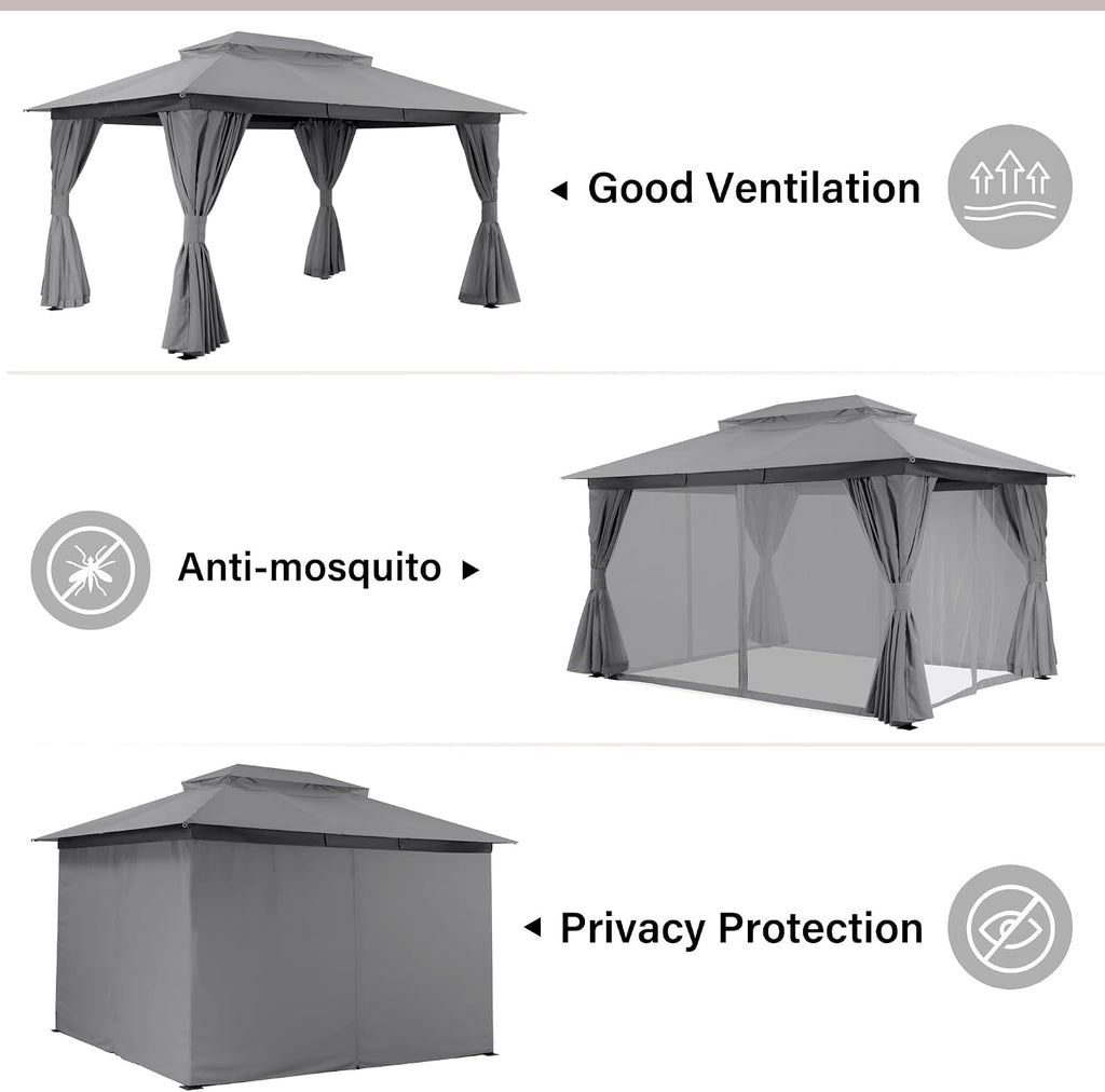 LAUSAINT HOME Patio Gazebo 10'x13', Outdoor Heavy Duty Party Tent Shelter with Double Roofs, Mosquito Nettings and Privacy Screens for Backyard, Garden, Lawn, Gray