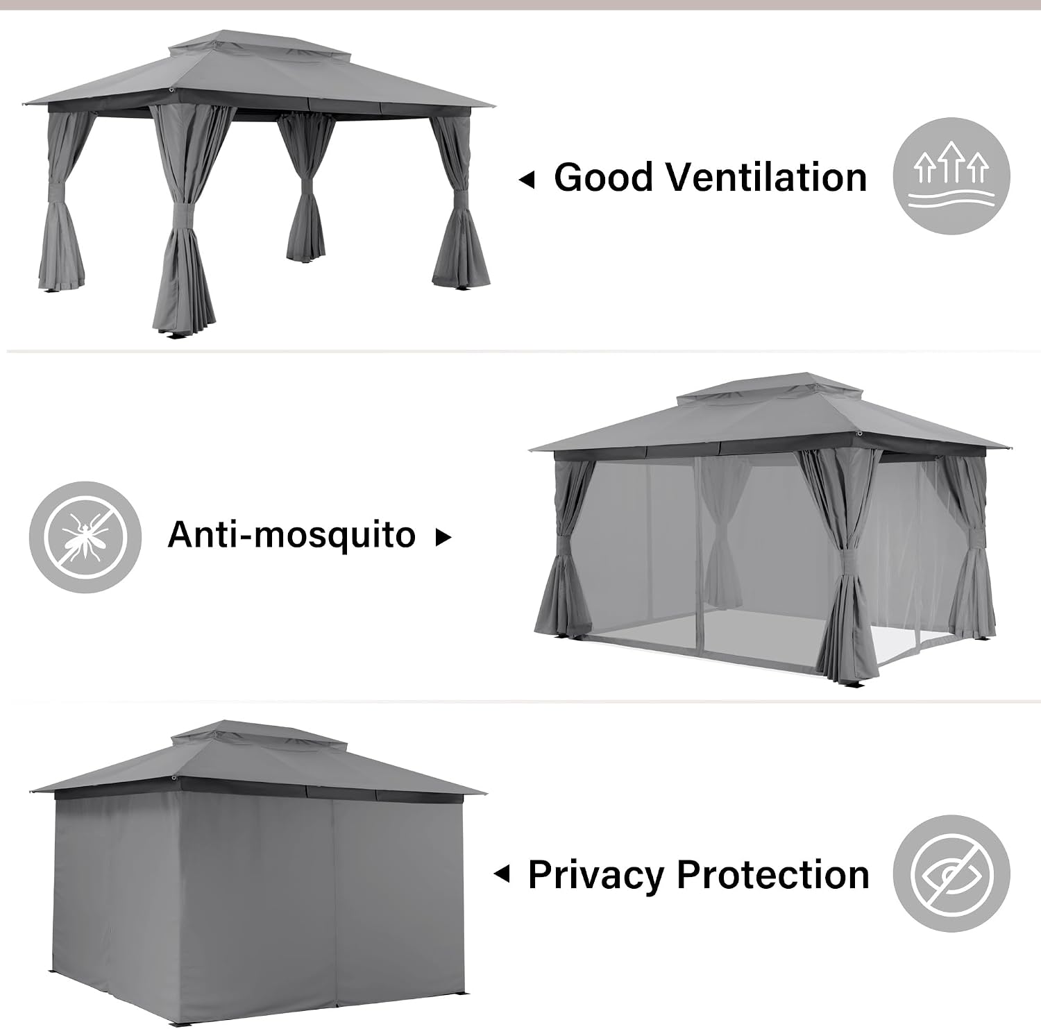 LAUSAINT HOME Patio Gazebo 10'x13', Outdoor Heavy Duty Party Tent Shelter with Double Roofs, Mosquito Nettings and Privacy Screens for Backyard, Garden, Lawn, Gray