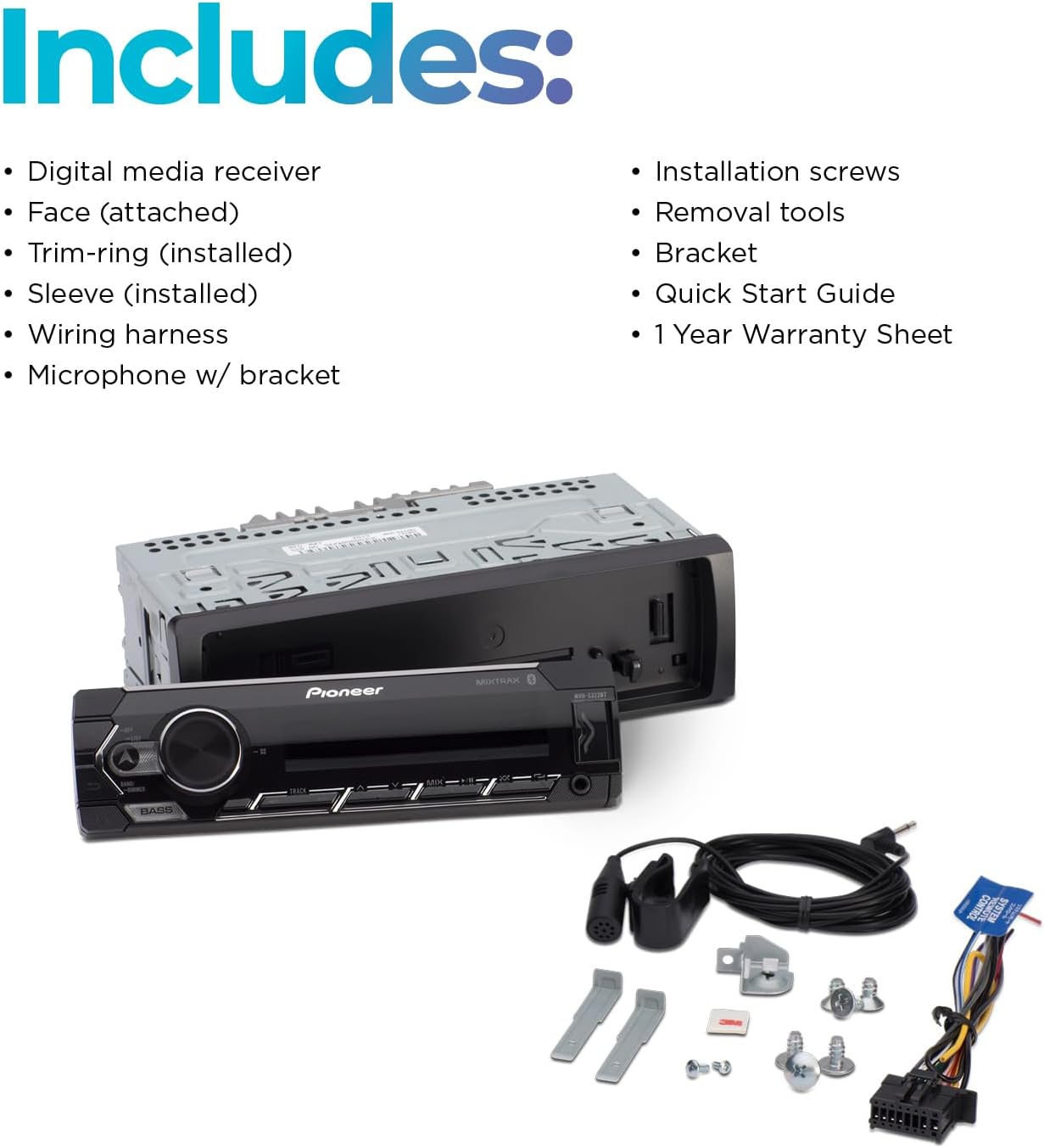 Pioneer MVH-S322BT 1-Din Digital Media Receiver – Bluetooth, USB, Color Change, FLAC, Voice Control, 50W x 4 Output, 13-Band EQ, AM/FM Radio, iPhone/Android Compatible, Front, Rear/SW Selectable RCA
