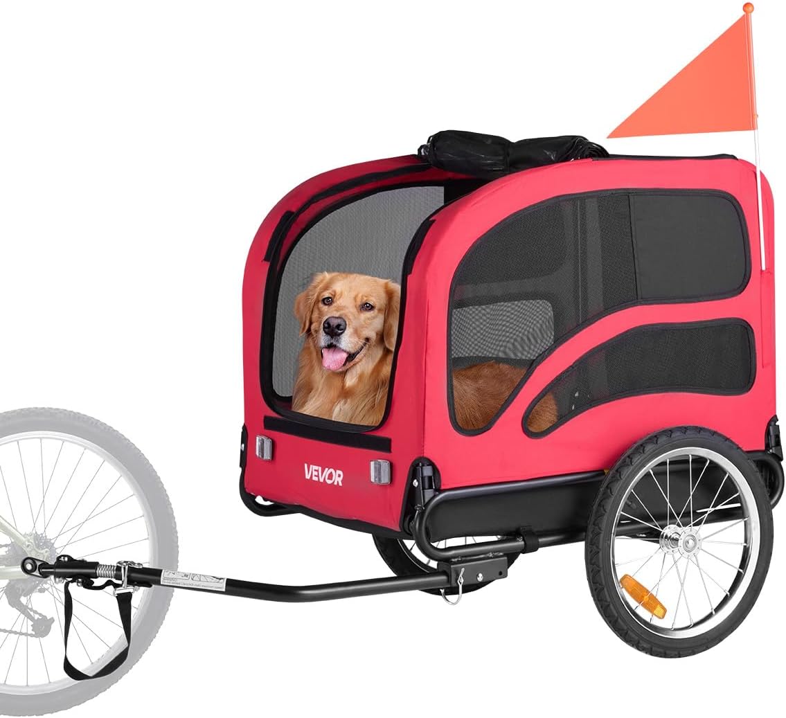 VEVOR Dog Bike Trailer, Supports up to 100 lbs, Pet Cart Bicycle Carrier, Easy Folding Frame with Quick Release Wheels, Universal Bicycle Coupler, Reflectors, Flag, Collapsible to Store