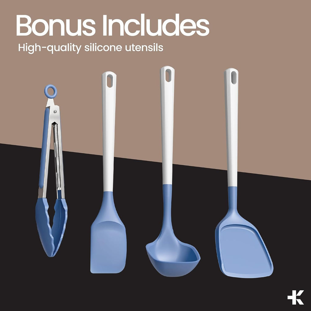 Bakken 12-Piece Ceramic Cookware Set, Nonstick Pots and Pans Set, Non-Toxic PTFE & PFAS-Free Cookware with Silicone Utensils, Induction & All Stovetops Compatible, Dishwasher Safe, Blue