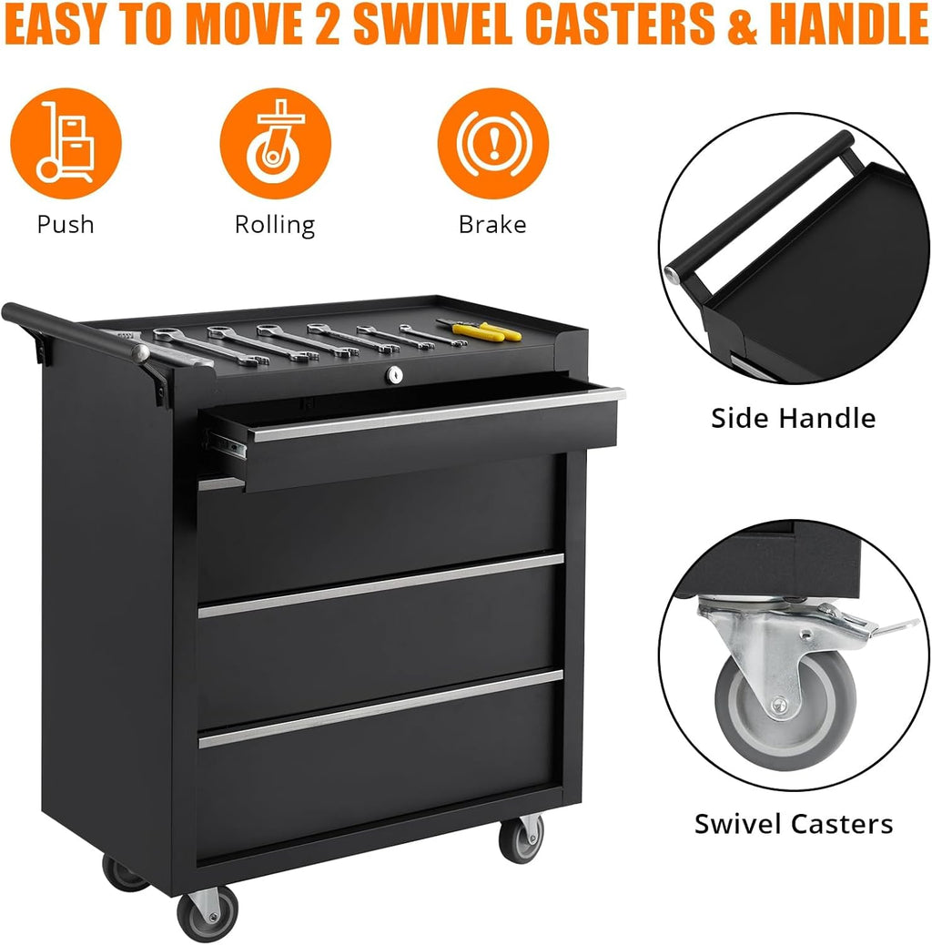 4-Drawer Tool Chest With Wheels, Rolling Tool Cart With Universal Wheels, Sliding Drawers and Protective Liner, Lockable Storage Cabinet for Garage, Workshop, Warehouse