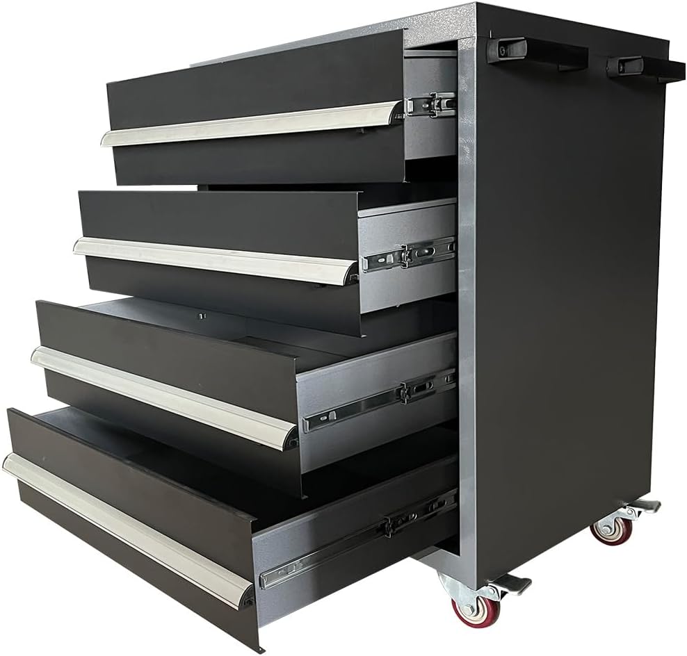 JZD Metal Rolling Tool Storage Cart on Wheels with 4 Lockable Drawers, Heavy Duty, for Garage Workshop, Black & Grey