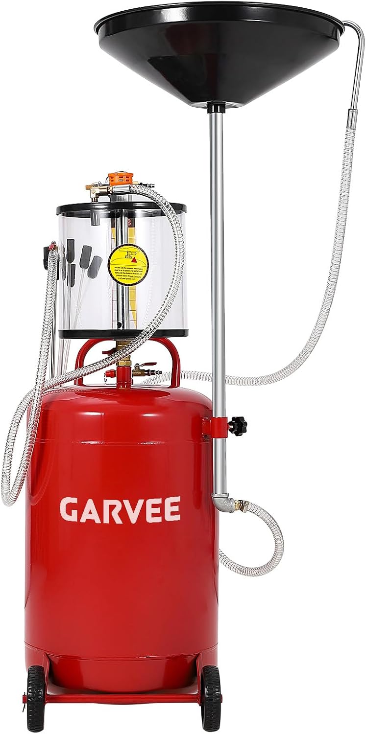 Garvee 20 Gallon Waste Oil Drain Tank, Air Operated Portable Oil Drainer with Adjustable Funnel, Fluid Fuel Transfer Drainage with Wheels, Oil Change Container for Automotive Workshops