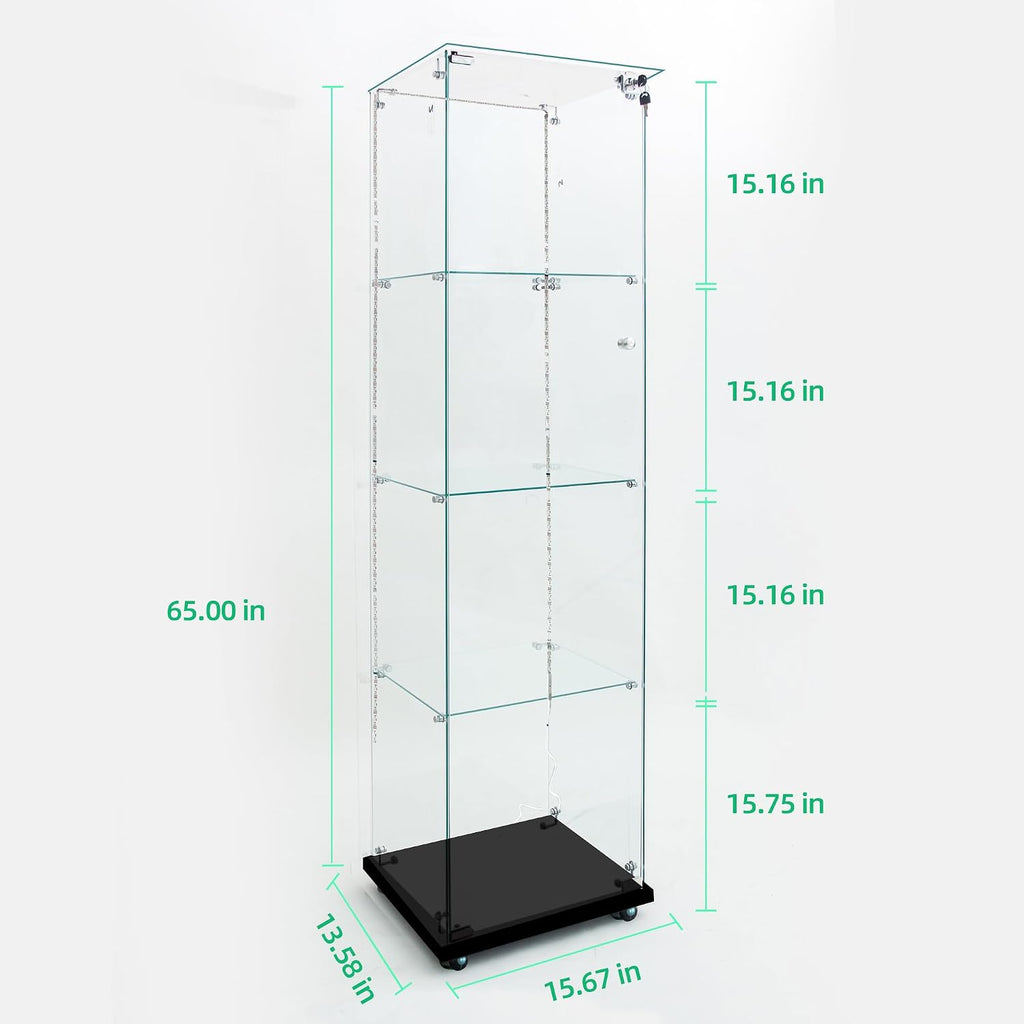 65' Tall Tempered Glass Display Cabinet with LED Lights&Rolling Wheels, Curio Cabinet with 4 Shelves with 1 Door, Quick-Install Style Floor Standing Bookshelf File Cabinet for Living Room Office