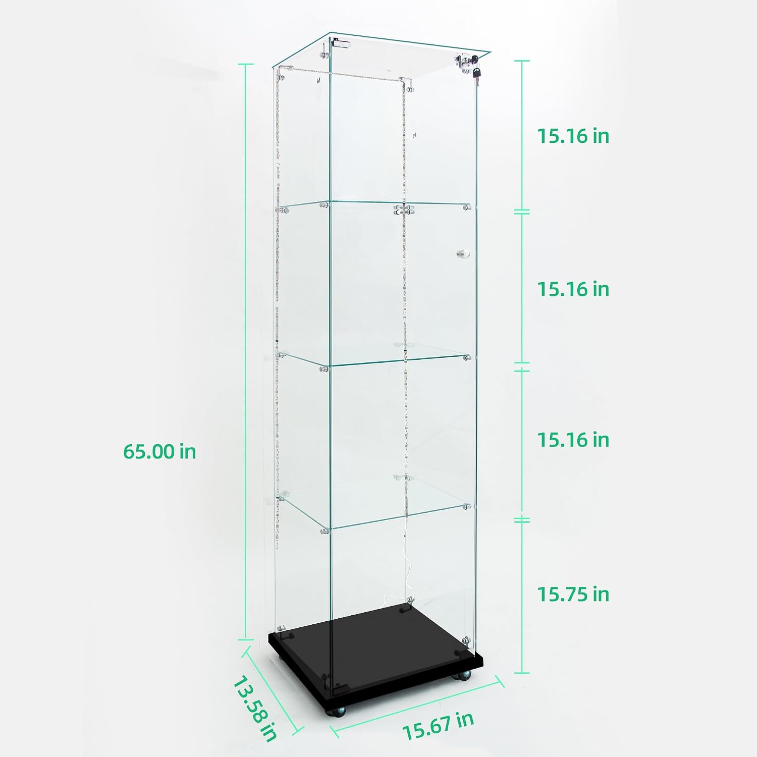 65' Tall Tempered Glass Display Cabinet with LED Lights&Rolling Wheels, Curio Cabinet with 4 Shelves with 1 Door, Quick-Install Style Floor Standing Bookshelf File Cabinet for Living Room Office