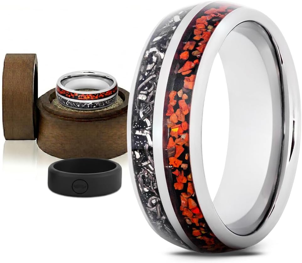 Gentlemen's Bands Premium Silver Tungsten Wedding Band with Dinosaur Bone & Meteorite Inlay | Wedding Ring Is Ideal Gift | Package Includes Silicon Band, Walnut Ring Box, Leather Pouch