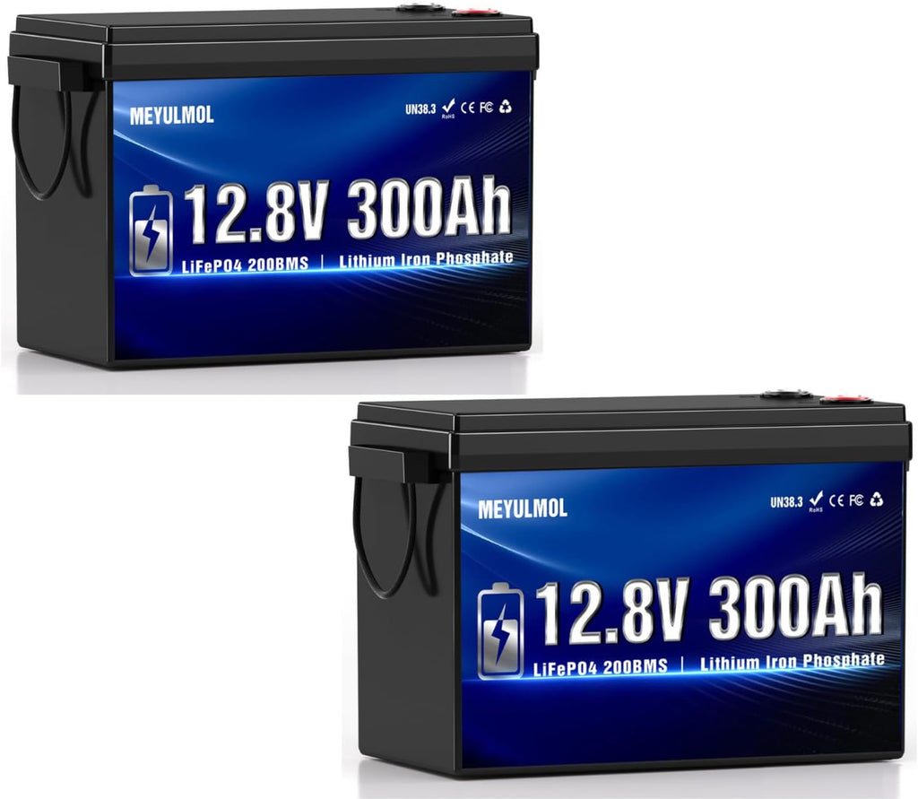 2 Packs 12V 300Ah LiFePO4 Lithium Battery, Upgraded 200A BMS System, Up to 15000+ Cycles Life, 3840Wh Rechargeable Lithium Battery with Low-Temp Protection for RV Solar Marine Solar Panel Camping
