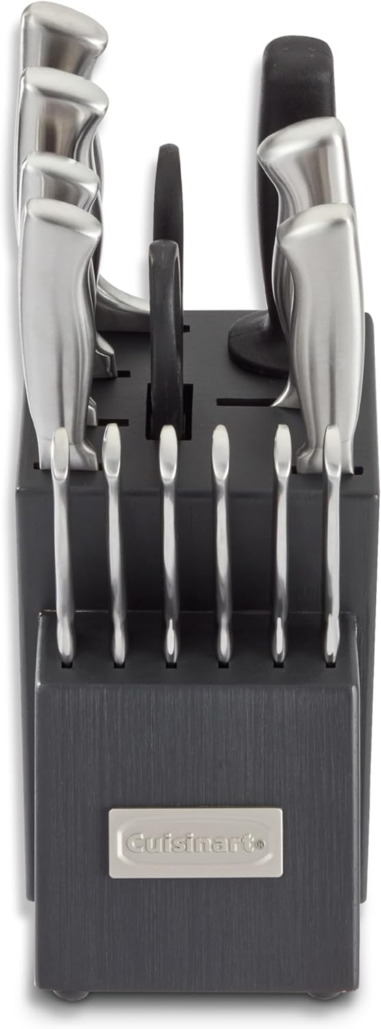 Cuisinart Professional Block Knife Set, 15pc Cutlery Knife Set with Steel Blades for Precise Cutting, Lightweight, Stainless Steel, Durable & Dishwasher Safe, Woodgrain Grey Finish