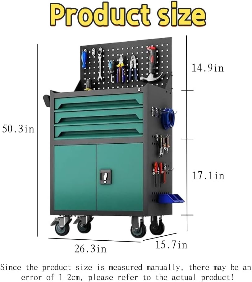 Heavy Tool Cart with Pegboard and Handle, 3-Drawer Garage Storage Cabinet & Toolbox on Wheels for Garage, Warehouse & Workshop(Green)