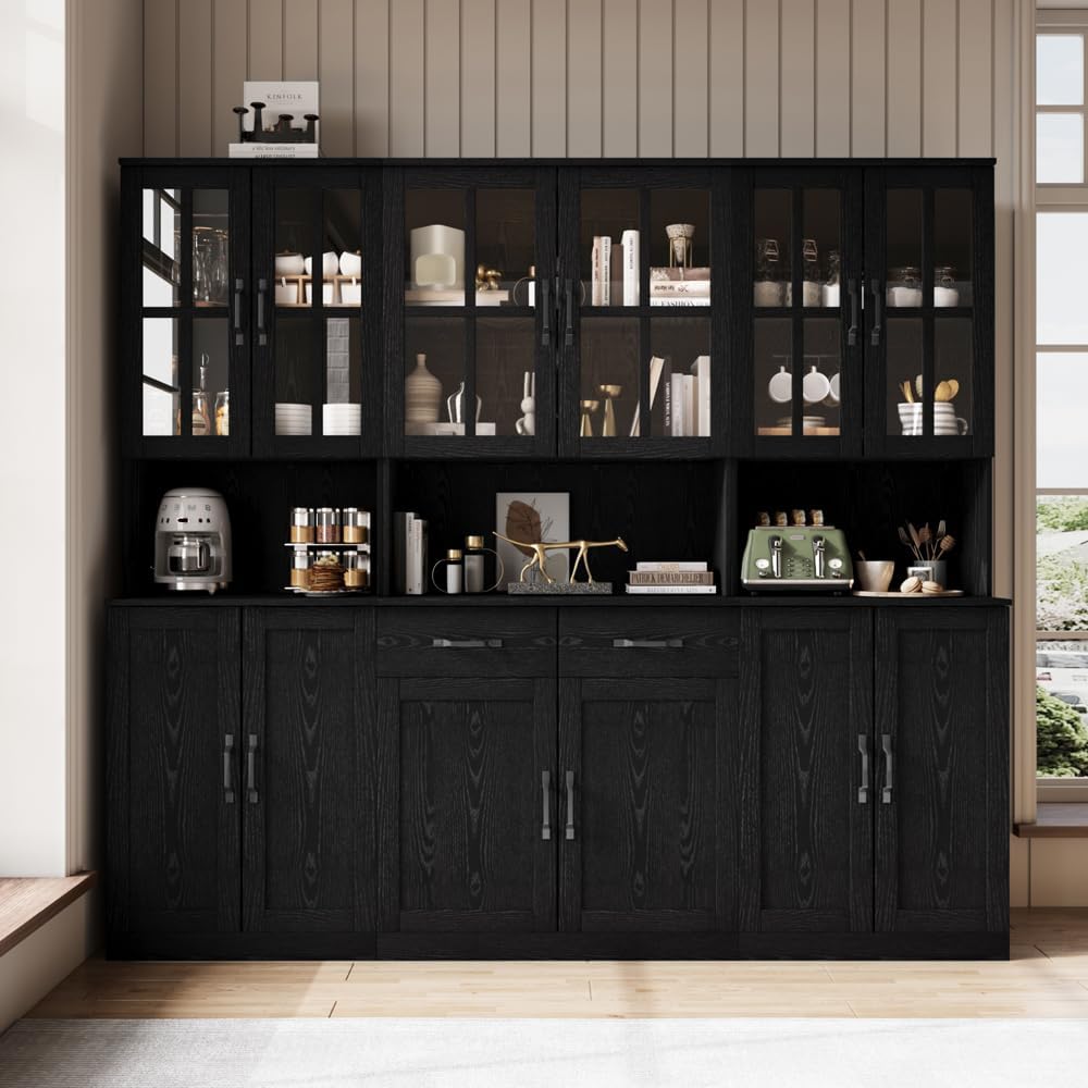 VOWNER Bookcase with Glass Door, 5-Tier Modern Bookshelf with Large Drawer, Glass Display Cabinet with Large Storage Shelf, Combination Storage Cabinet for Home Office (Black, AEA)