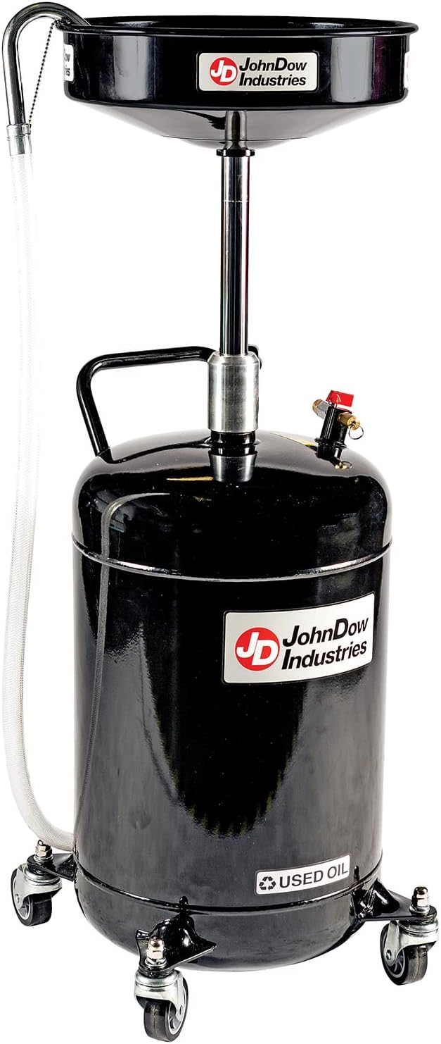 JohnDow Industries JDI-18DC 18-Gallon Self-Evacuating Portable Oil Drain with Auto-Check Technology, Adjustable 36-59' Height, 16' Funnel & 6' Hose – Heavy-Duty Waste Oil Drain for Auto Shops