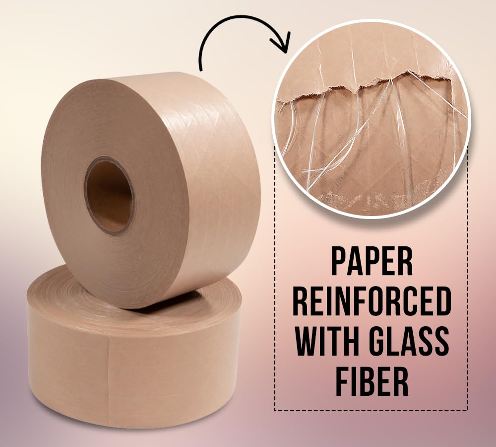 Mytee Products 16 Rolls 2.75'x450' Water Activated Tape - Reinforced Gummed Tape for Package - Strong Adhesive & Holding Power Kraft Paper Tape - Brown Packing Tape for Sealing Box (7200 feet Total)