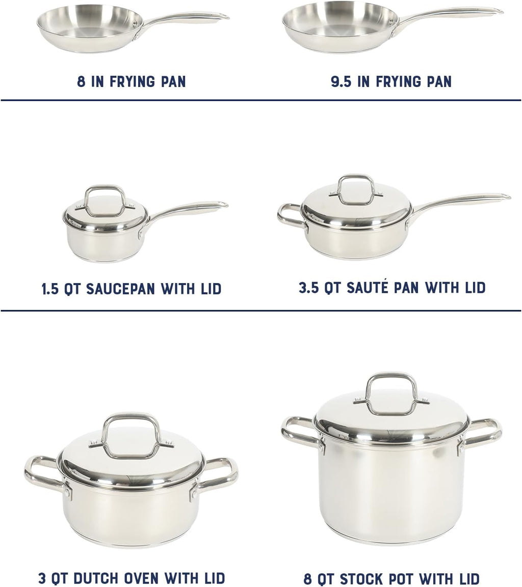 Oster Platinum Sedwick 10-Piece Stackable Stainless Steel Pots and Pans Cookware Set W/Domed Stainless Steel Lids W/TriPly Encapsulated Base - Induction Safe