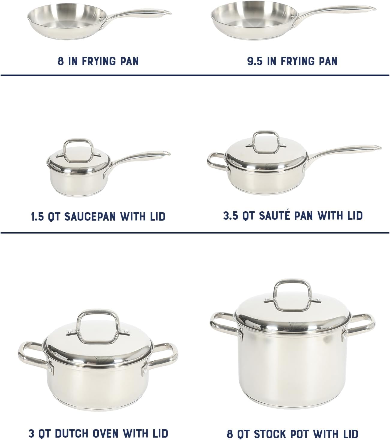 Oster Platinum Sedwick 10-Piece Stackable Stainless Steel Pots and Pans Cookware Set W/Domed Stainless Steel Lids W/TriPly Encapsulated Base - Induction Safe
