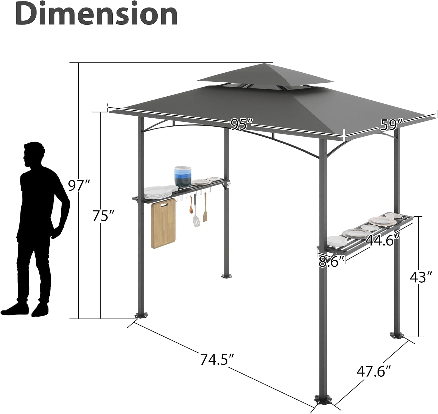 8X 5 FT Grill Gazebo Grill Canopy Double Tiered BBQ Gazebo Outdoor BBQ Canopy, Gray