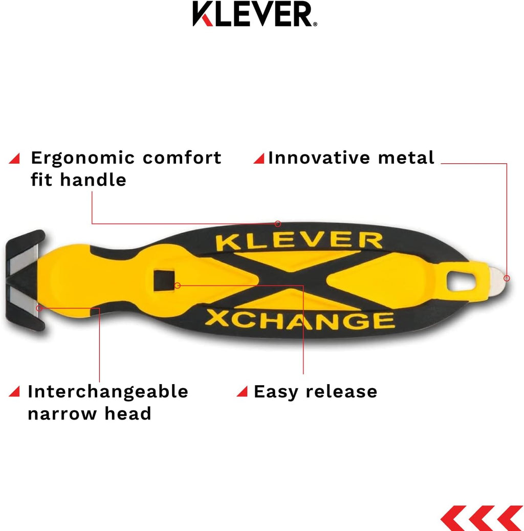 Klever X-Change Box Cutter, Klever Kutter Package Opener Narrow Cut Head, Carbon Steel Blade Utility Knife, Cuts Boxes, Film, Tape and More, Yellow, 10 Pack (KCJ-XC-20Y)