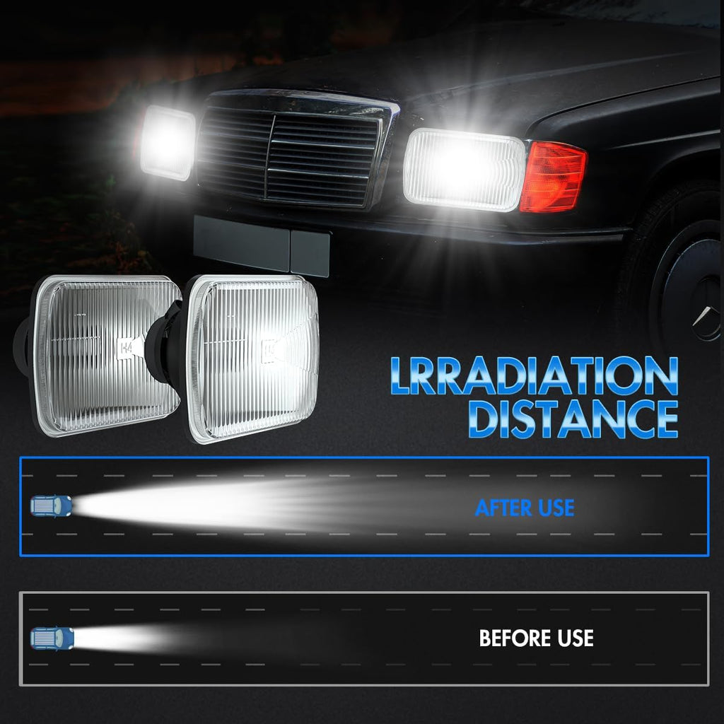 7x6 inch H6054 Super Vision Crystal Headlight Square Glass Lens Housing + H4 High Low Sealed Beam Headlight Lamp for Cars, Truck and Van, 4 PCS