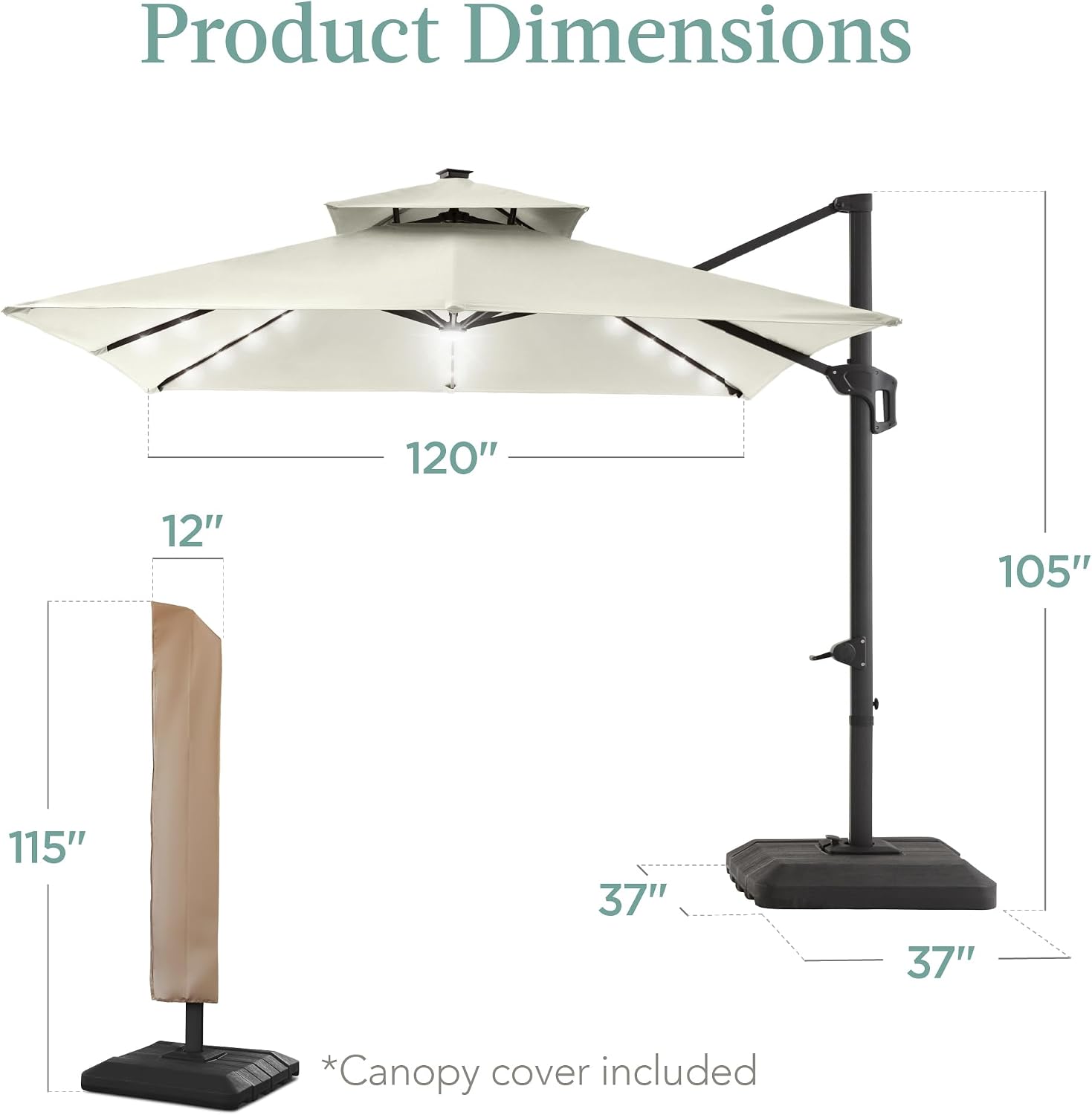 Best Choice Products 10x10ft Cantilever Patio Umbrella w/Base Included, Solar LED Lights 360 Rotation Large Offset Hanging Outdoor Shade for Deck Pool Backyard w/Stand – Ivory