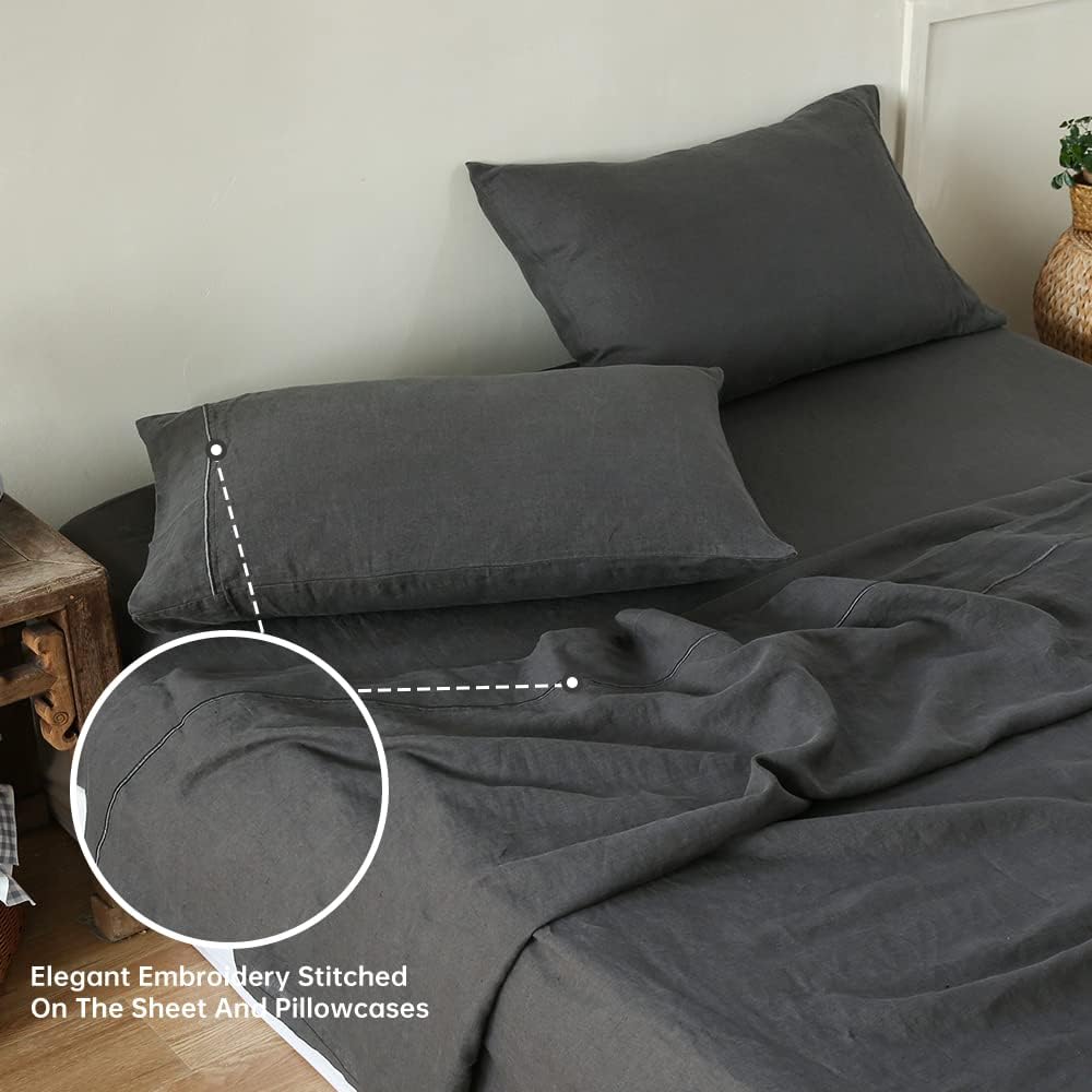 Simple&Opulence 100% Linen Sheet Set with Embroidery Washed - 4 Pieces (1 Flat Sheet & 1 Fitted Sheet & 2 Pillowcases) Natural Flax Soft Bedding Breathable Farmhouse - Dark Grey, Full Size