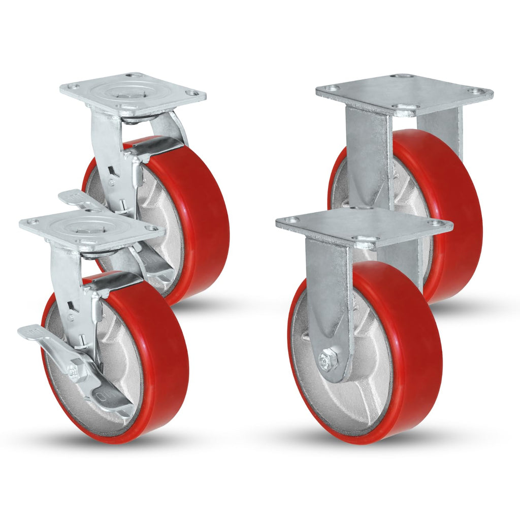 6' X 2' Swivel Caster Heavy Duty Red Polyurethane Wheel on Steel Hub with Brakes (2) and Fixed (2) 4,800lbs Per Set of 4 Tool Box Casters - CasterHQ Brand (6')