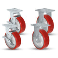 6' X 2' Swivel Caster Heavy Duty Red Polyurethane Wheel on Steel Hub with Brakes (2) and Fixed (2) 4,800lbs Per Set of 4 Tool Box Casters - CasterHQ Brand (6')