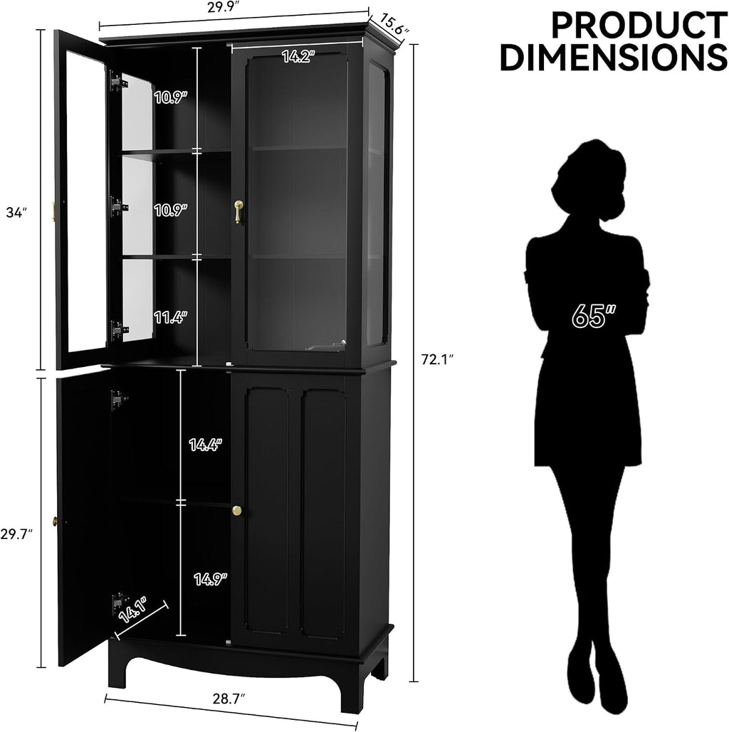 ARTPOWER 72' Freestanding Kitchen Pantry Storage Sideboard, Classical Tall Cabinet with Glass Door and Adjustable Shelves for Kitchen, Livingroom and Dining Room, Black