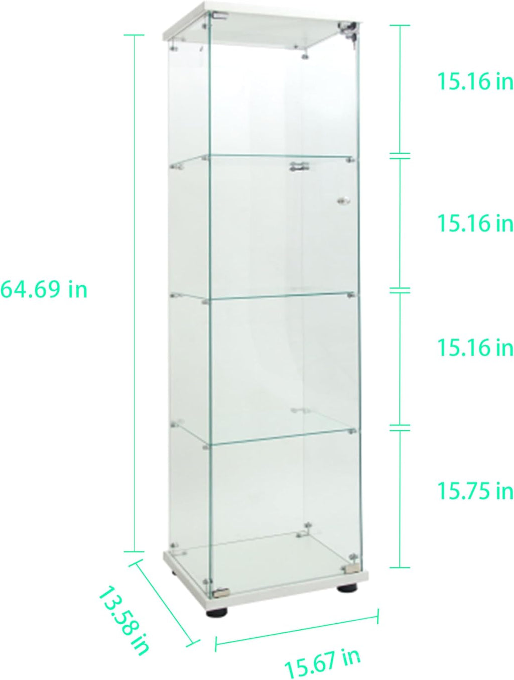 64.69' Tall Tempered Glass Display Cabinet with LED Lights, Curio Cabinet with 4 Shelves with 1 Door, Quick-Install Style Floor Standing Bookshelf File Cabinet for Living Room Office