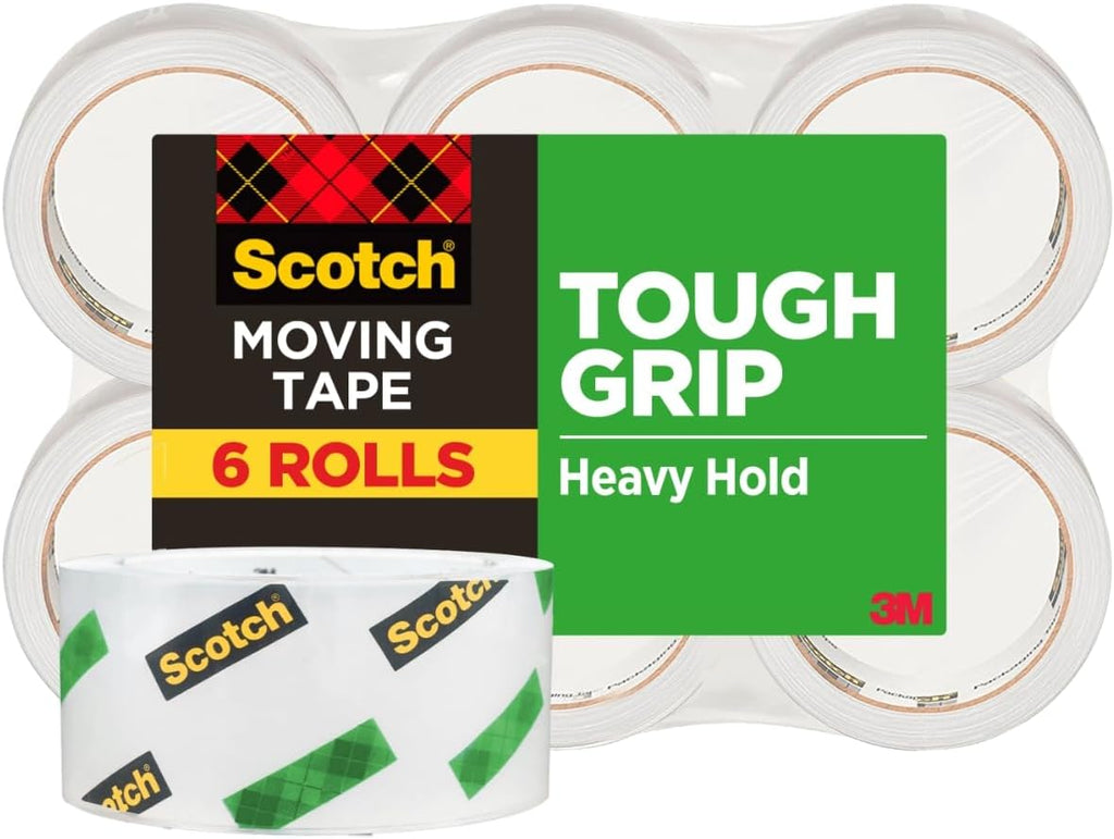 Scotch Tough Grip Moving Packing Tape, Clear, Moving Tape that Secures Boxes up to 80 Pounds, 1.88 in. x 43.7 yd.| (Pack of 6)