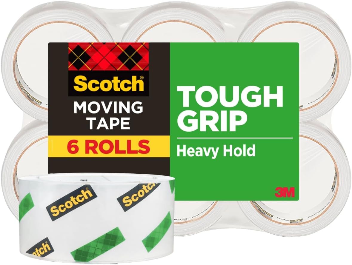 Scotch Tough Grip Moving Packing Tape, Clear, Moving Tape that Secures Boxes up to 80 Pounds, 1.88 in. x 43.7 yd.| (Pack of 6)