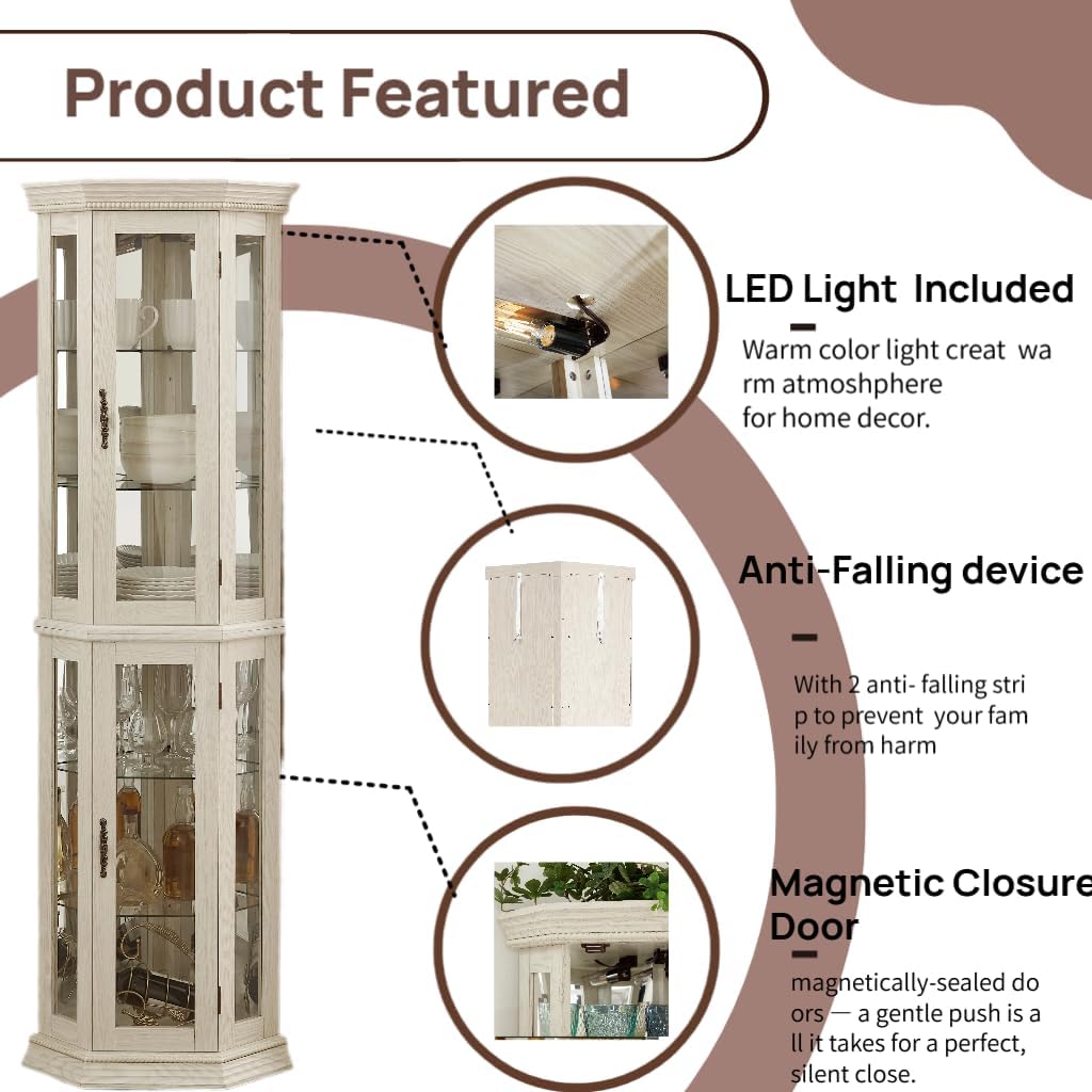 70' Lighted Corner Curio Cabinet,Inside Mirror Corner Glass Display Case with Tempered Glass Door for Living Room, Antique Collectibles, Wine & Bar Glass Storage, Lights Included