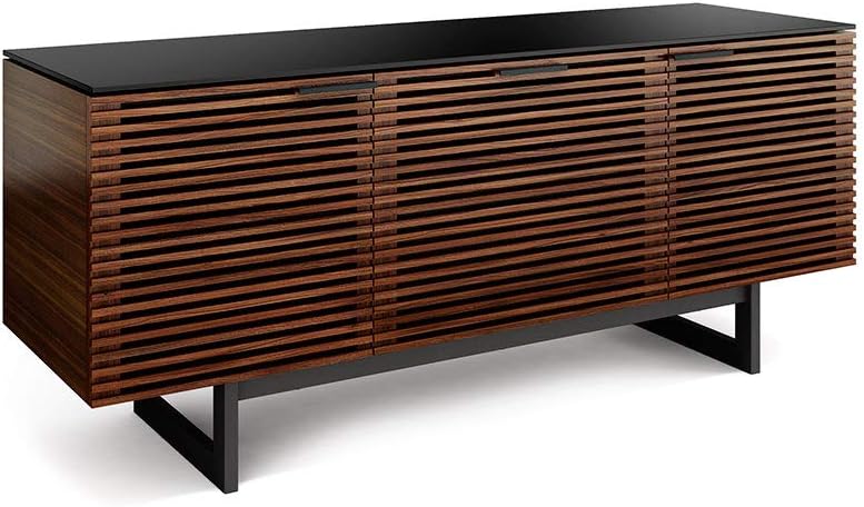 BDI Furniture Corridor 8177-65'' TV Stand for TVs up to 70' with Soundbar Shelf, Storage Drawer, Cable Management, Remote-Friendly Louver Doors, Satin-Etched Glass Top, Chocolate Stained Walnut