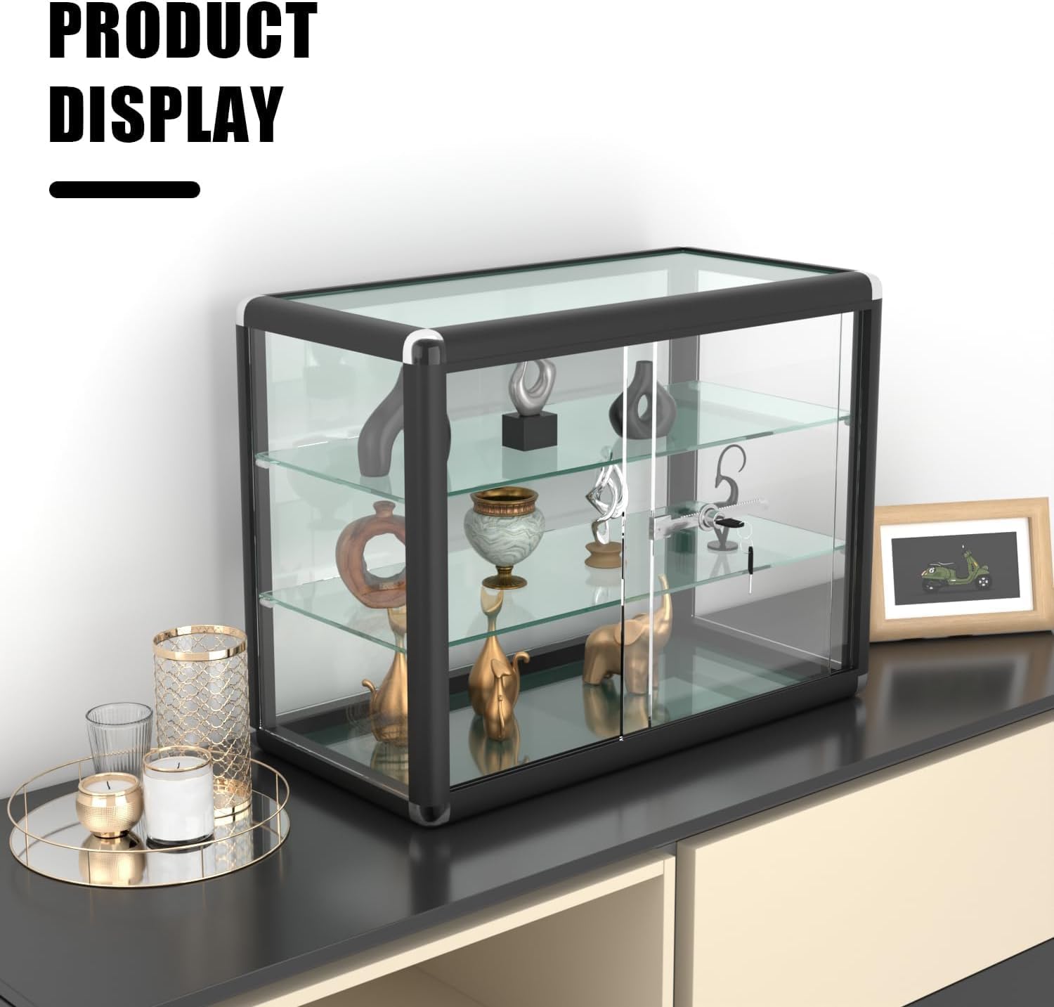 24' W x 18' H x 12' D Black Aluminum Tempered Glass Countertop Display Case - Durabletable Top Display Case,Clear Display Cabinet for Retail, Home & Office Use