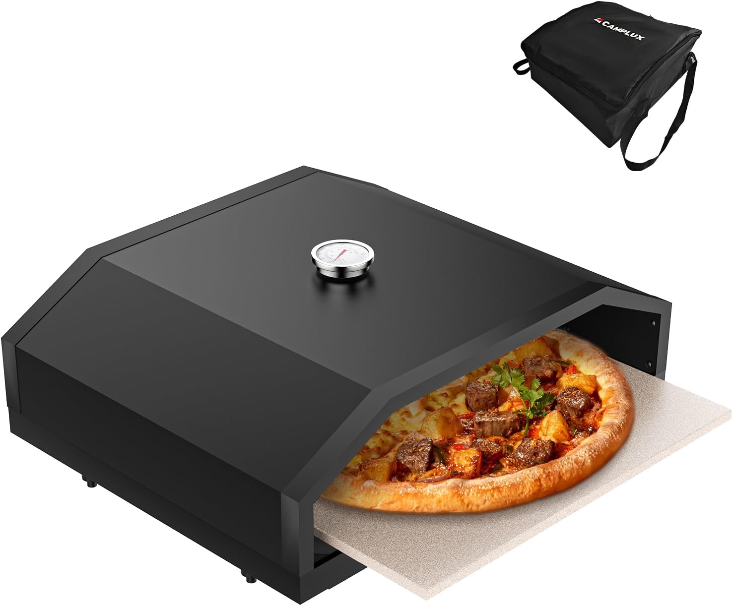 CAMPLUX 17 Inches Pizza Oven for Grill with Storage Bag and 14.8'×13' Cordierite Stone, Grill Top Pizza Oven Built-in Thermometer, Compatible with Propane & Charcoal Grill for Crispy Homemade Pizza