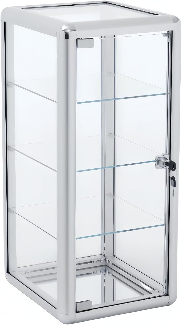 Lockable Tempered Glass Display Case – 4-Shelf Countertop Showcase with Aluminum Frame – 12'D x 14'W x 27'H Silver Cabinet for Retail, Jewelry & Collectibles