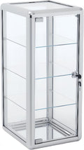 Lockable Tempered Glass Display Case – 4-Shelf Countertop Showcase with Aluminum Frame – 12'D x 14'W x 27'H Silver Cabinet for Retail, Jewelry & Collectibles