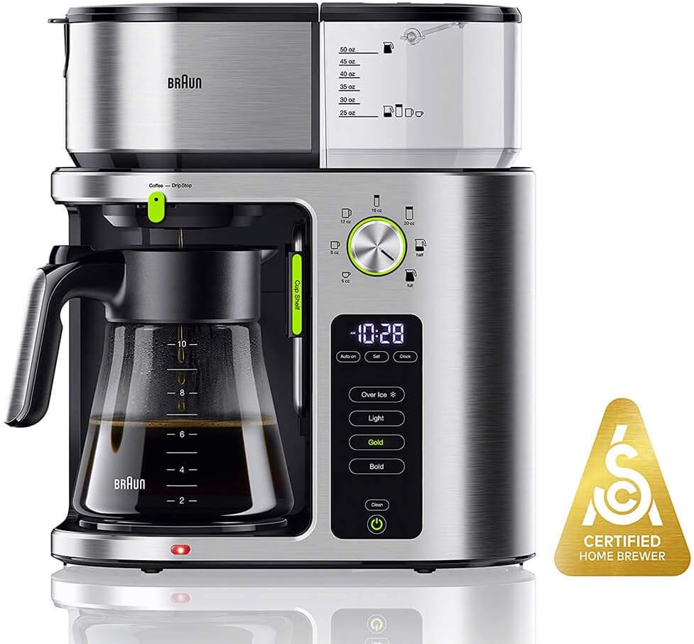 Braun MultiServe Coffee Machine 7 Programmable Brew Sizes / 3 Strengths + Iced Coffee & Hot Water for Tea, Glass Carafe (10-Cup), Stainless Steel, KF9170SI