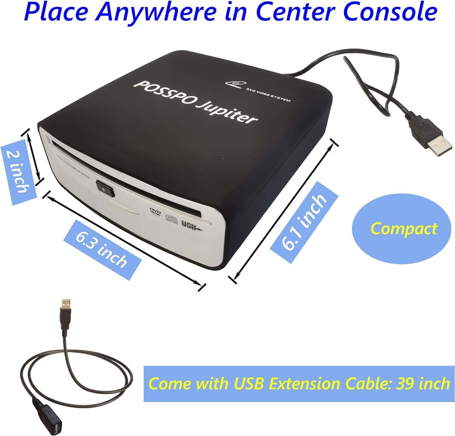 Jupiter USB CD Player for Car Auto, Portable External CD DVD Player, USB Plug & Play (No Decoder Needed), AUX Uses Decoder for Louder Clearer Sound, Anti-Skip, Seamless Track Playback, Resume