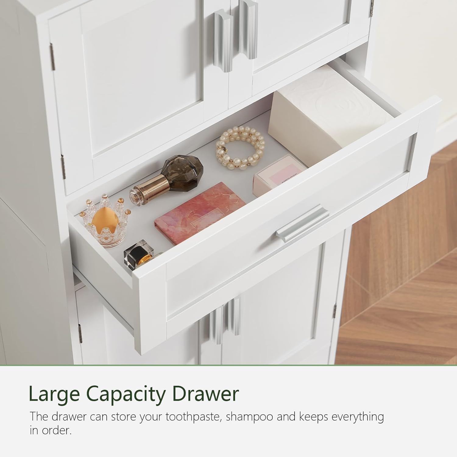 TEENFON Bathroom Storage Cabinet with Adjustable Shelf & Large Drawer, Tall Storage Cabinet with 4 Doors, Kitchen Pantry Storage Cabinets, for Living Room, Dining Room, Home Office, Entryway, White
