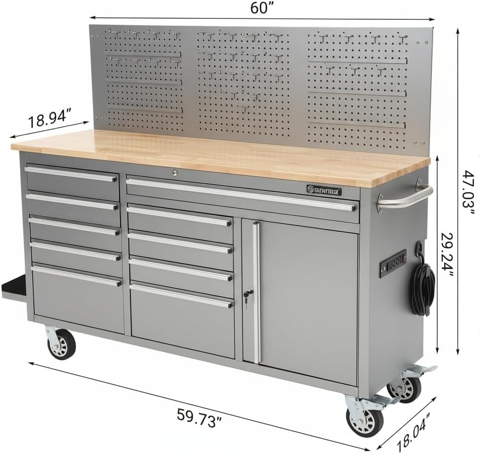 PeakPursuit 61' Rolling Tool Chest with 10 Drawers, Workbench Cabinet with Power Strip, Solid Rubber Wood Top, Pegboard, 1675 LBS Load, Mobile Heavy Duty Garage Storage, Locking Wheels, Silver